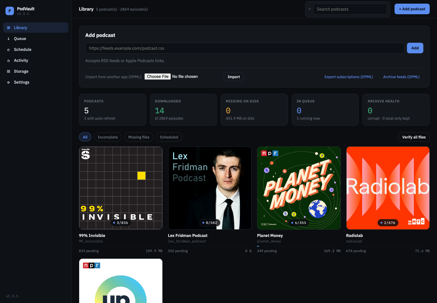 PodVault Library screen with stats and a grid of podcast covers