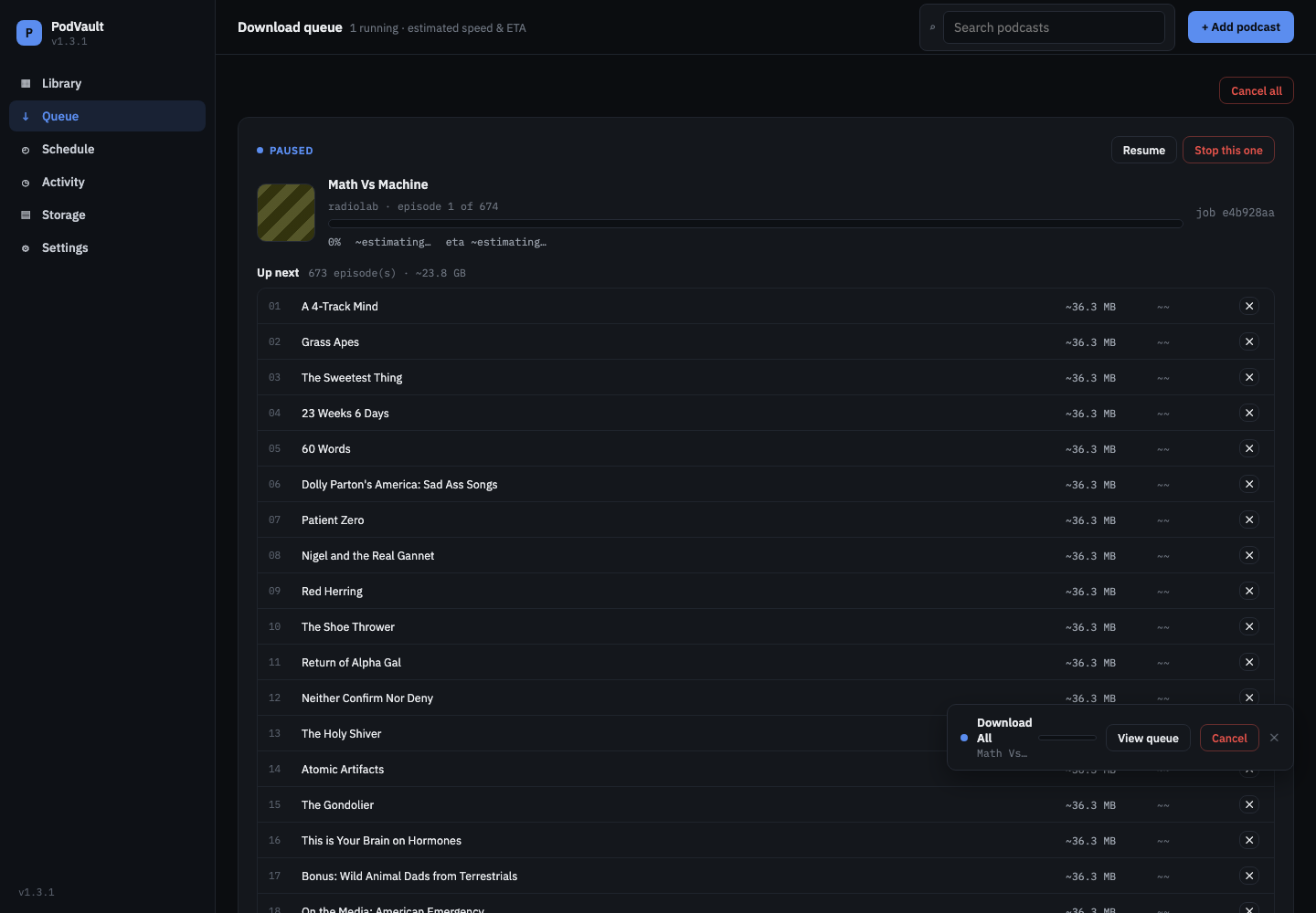 Download queue with a paused Radiolab download, Resume, Stop and Cancel all buttons, and the up-next list