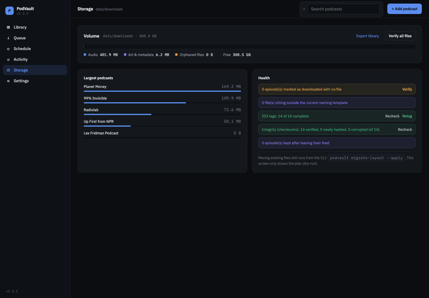 Storage page with disk usage, the largest podcasts, and archive health checks